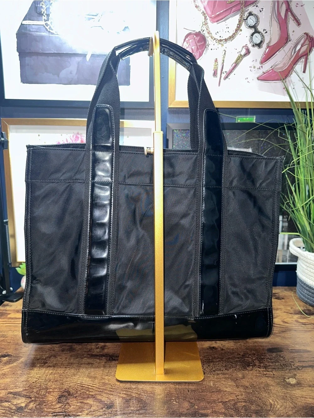Tory Burch Ella Black Nylon Patent Trim Tote